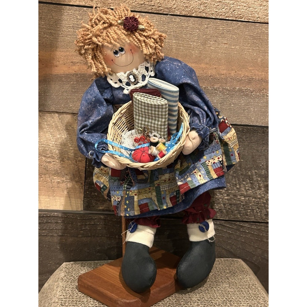 Vintage Handmade‎ Doll W/StandSeamstress Sewing Items Thread Basket